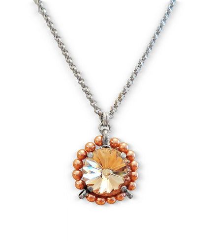 Crystal and pearl round pendant necklace light silk