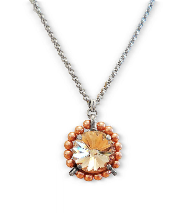 Crystal and pearl round pendant necklace light silk