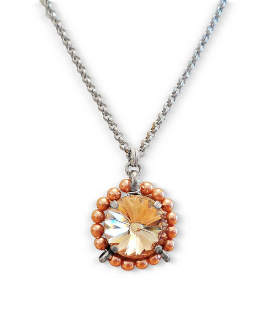 Crystal and pearl round pendant necklace light silk