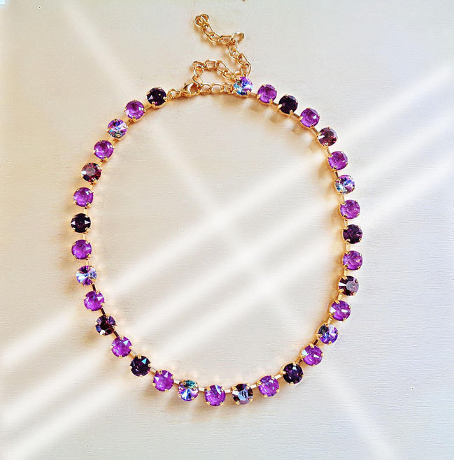 RASPBERRY GARDEN  crystal necklace crsytal orchid ,yellow gold
