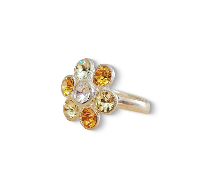 Cute crystal flower design finger ring yellow,silver plated