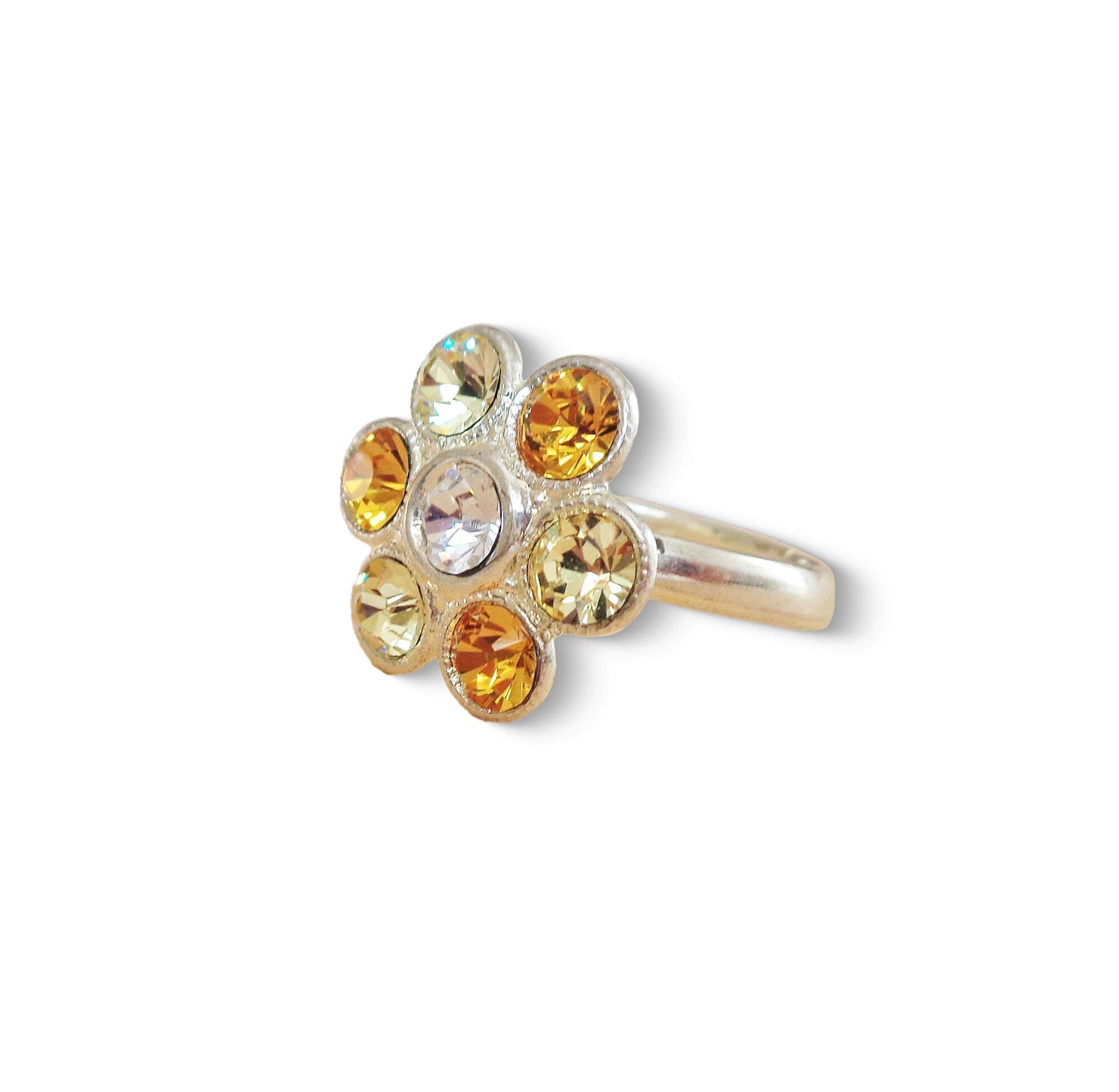 Cute crystal flower design finger ring yellow,silver plated