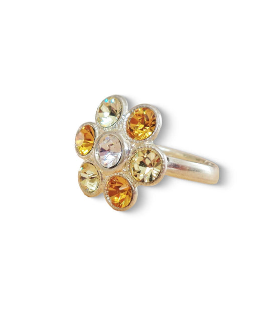 Cute crystal flower design finger ring yellow,silver plated
