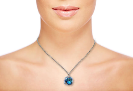 Crystal and pearl round pendant necklace blue indicolite
