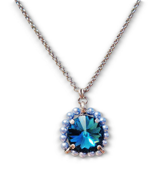 Crystal and pearl round pendant necklace blue indicolite