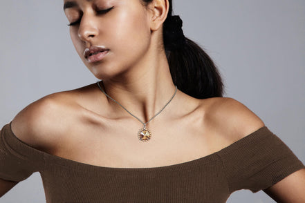 Crystal and pearl round pendant necklace golden shadow