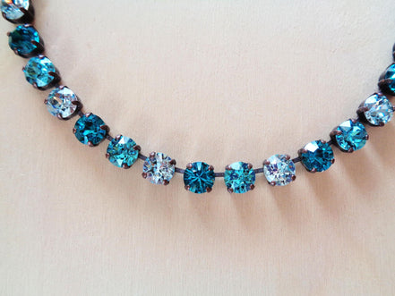 CELINE crystal tennis necklace blue zircon,light blue,antique copper