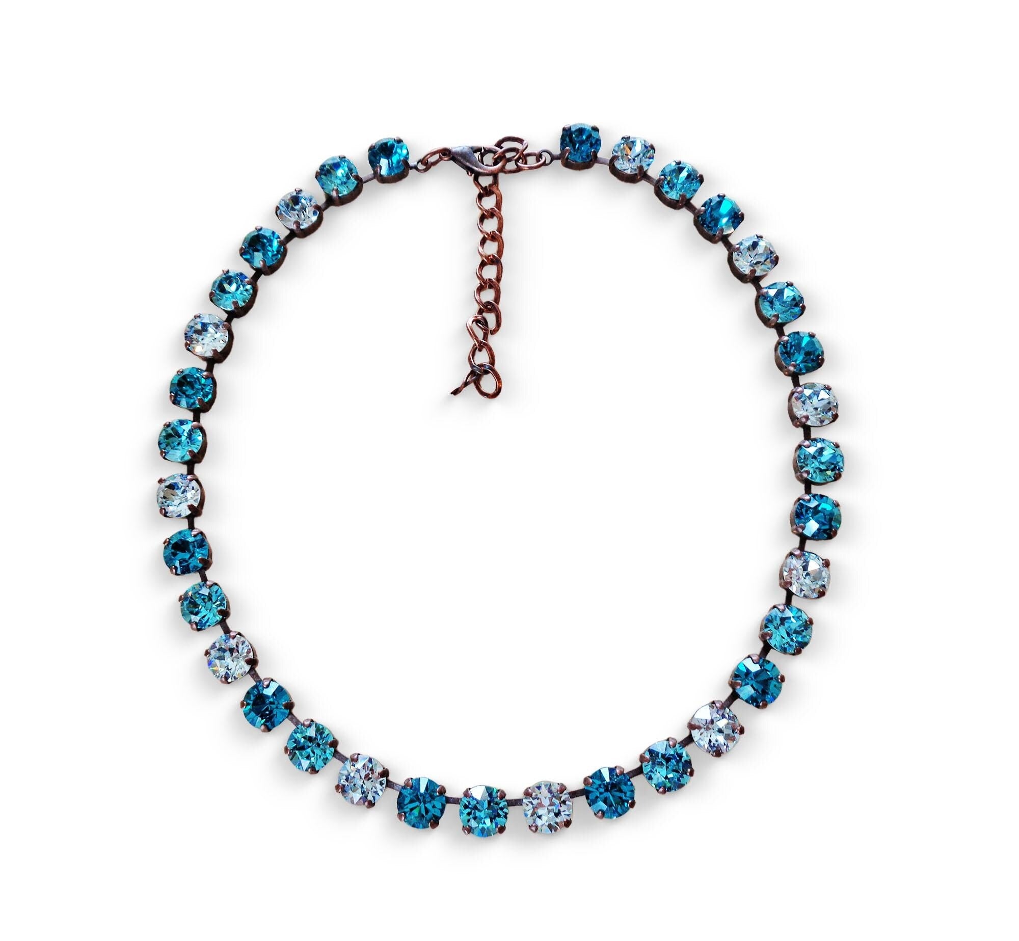 CELINE crystal tennis necklace blue zircon,light blue,antique copper
