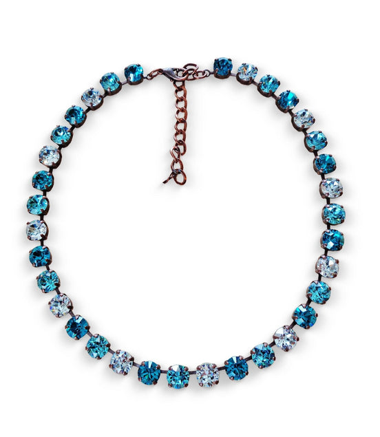 CELINE crystal tennis necklace blue zircon,light blue,antique copper