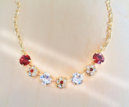 Crystal chain necklace clear crystal,red,yellow gold
