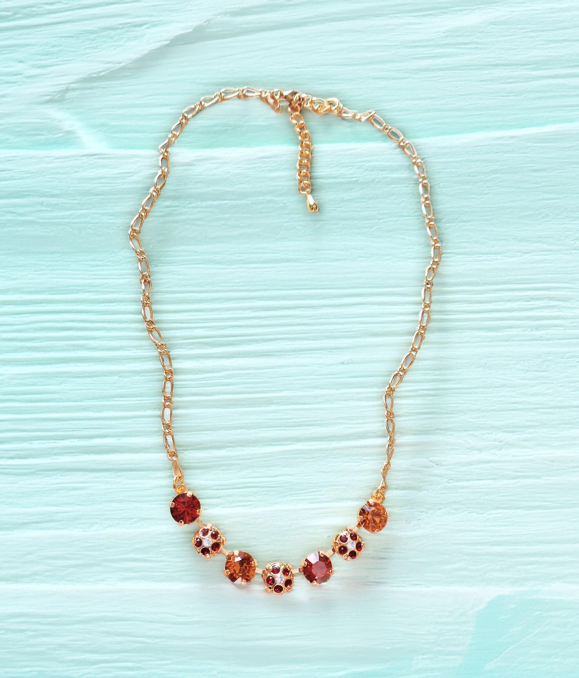 Crystal chain decorated necklace indian red and topaz,gold plated