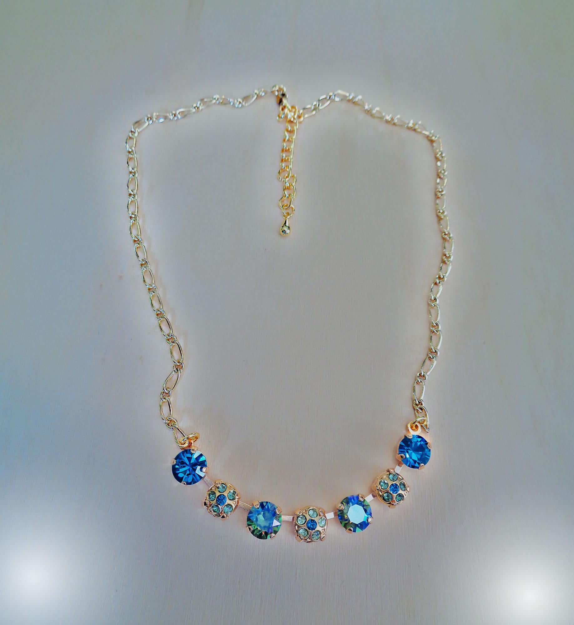Crystal blue and green tones, decorated necklace,gold plated
