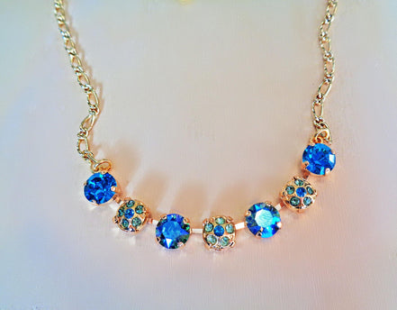 Crystal blue and green tones, decorated necklace,gold plated