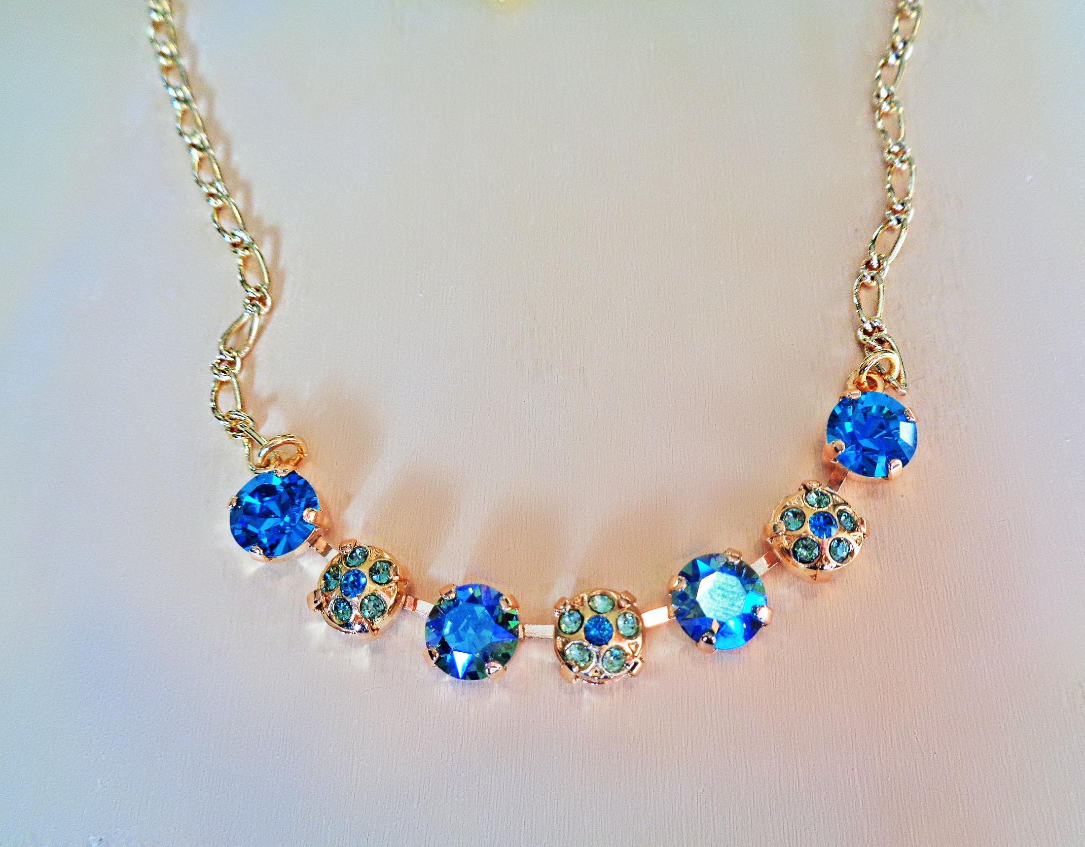 Crystal blue and green tones, decorated necklace,gold plated