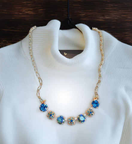 Crystal blue and green tones, decorated necklace,gold plated