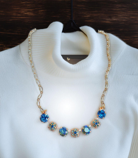 Crystal blue and green tones, decorated necklace,gold plated