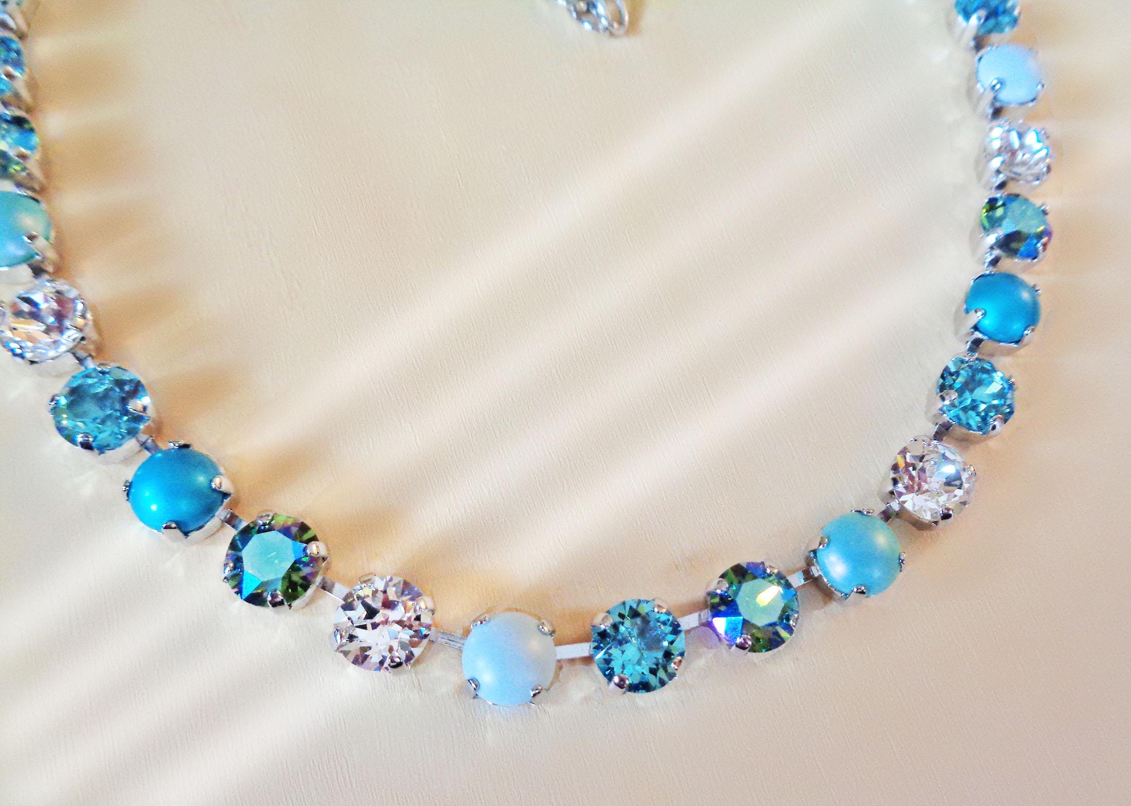 MAJESTIC THIRA Austrian crystal  tennis  necklace,light turquoise,pastel blue,clear crystal