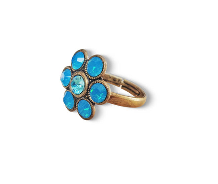 Cute crystal flower design finger ring  blue opal,antique brass