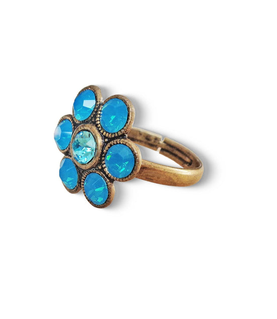 Cute crystal flower design finger ring  blue opal,antique brass