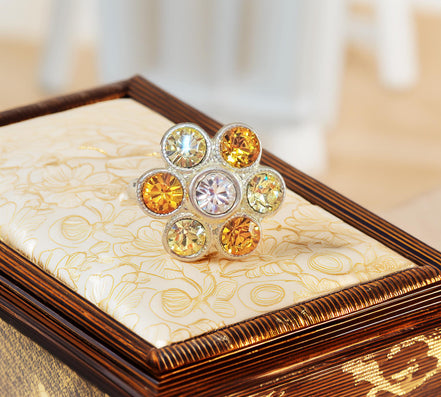 Cute crystal flower design finger ring yellow,silver plated