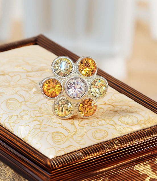 Cute crystal flower design finger ring yellow,silver plated