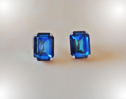 Crystal rectangular stud  earrings bermuda blue, rhodium silver