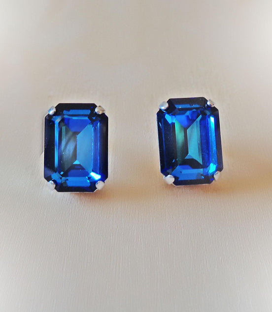 Crystal rectangular stud  earrings bermuda blue, rhodium silver
