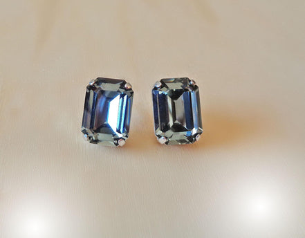 Crystal rectangular  stud  earrings  black diamond, rhodium silver plated