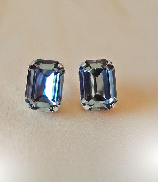 Crystal rectangular  stud  earrings  black diamond, rhodium silver plated