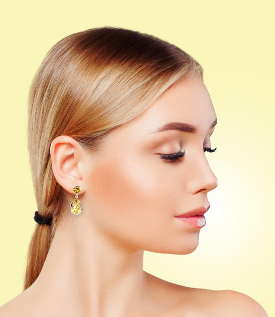 Crystal pear drop earrings crystal,dark lemon,rhodium silver plated