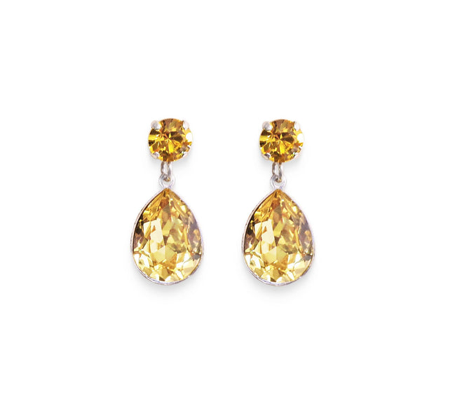 Crystal pear drop earrings crystal,dark lemon,rhodium silver plated