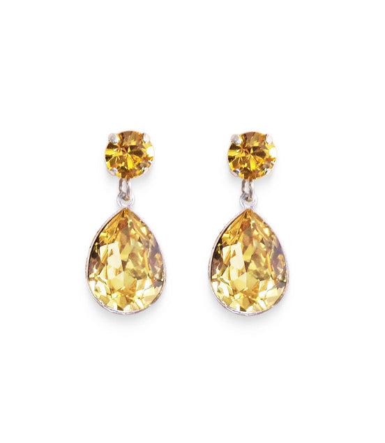 Crystal pear drop earrings crystal,dark lemon,rhodium silver plated