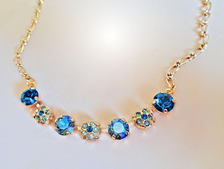 Crystal blue and green tones, decorated necklace,gold plated