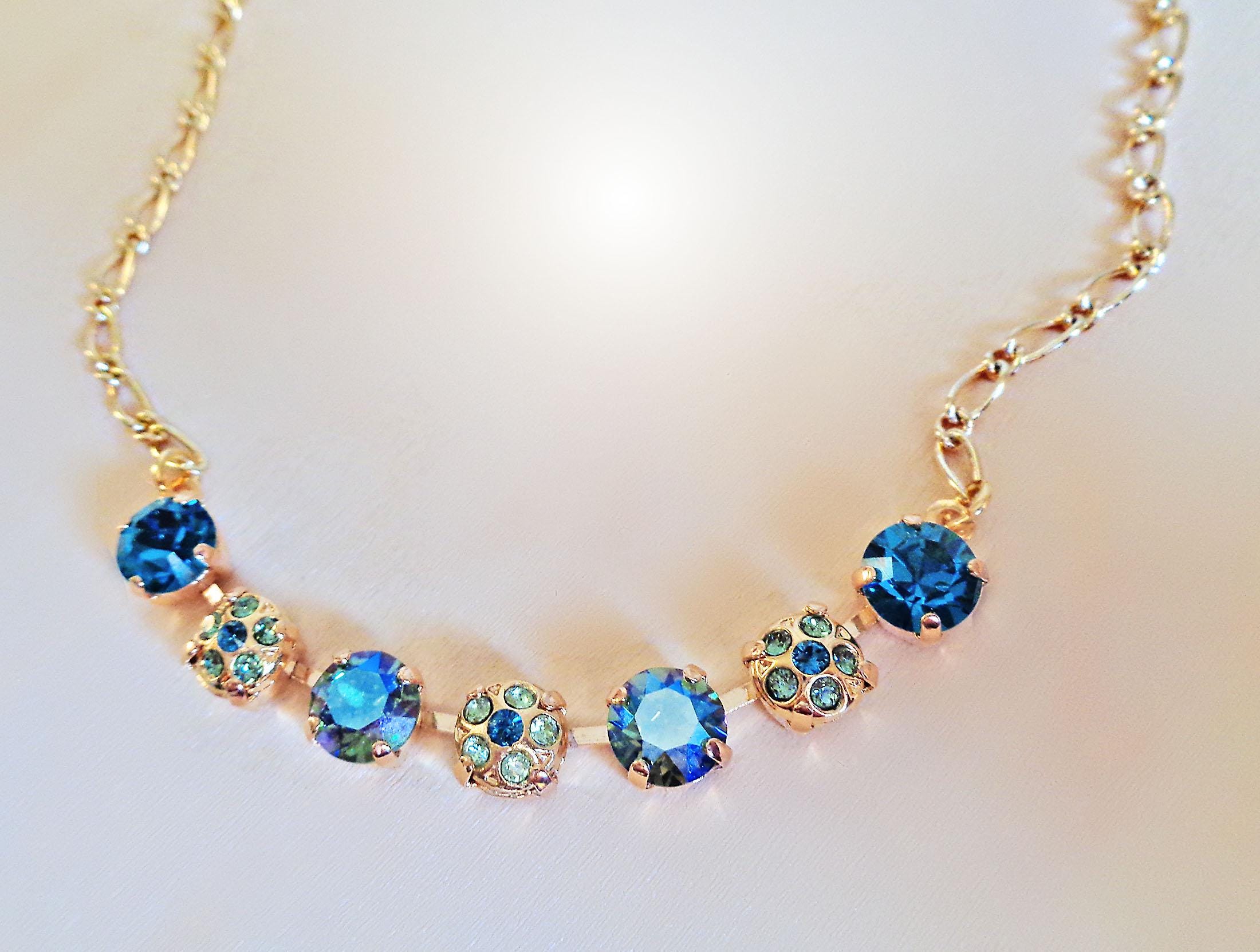 Crystal blue and green tones, decorated necklace,gold plated