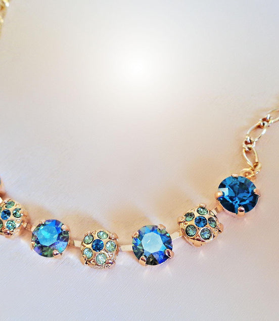 Crystal blue and green tones, decorated necklace,gold plated