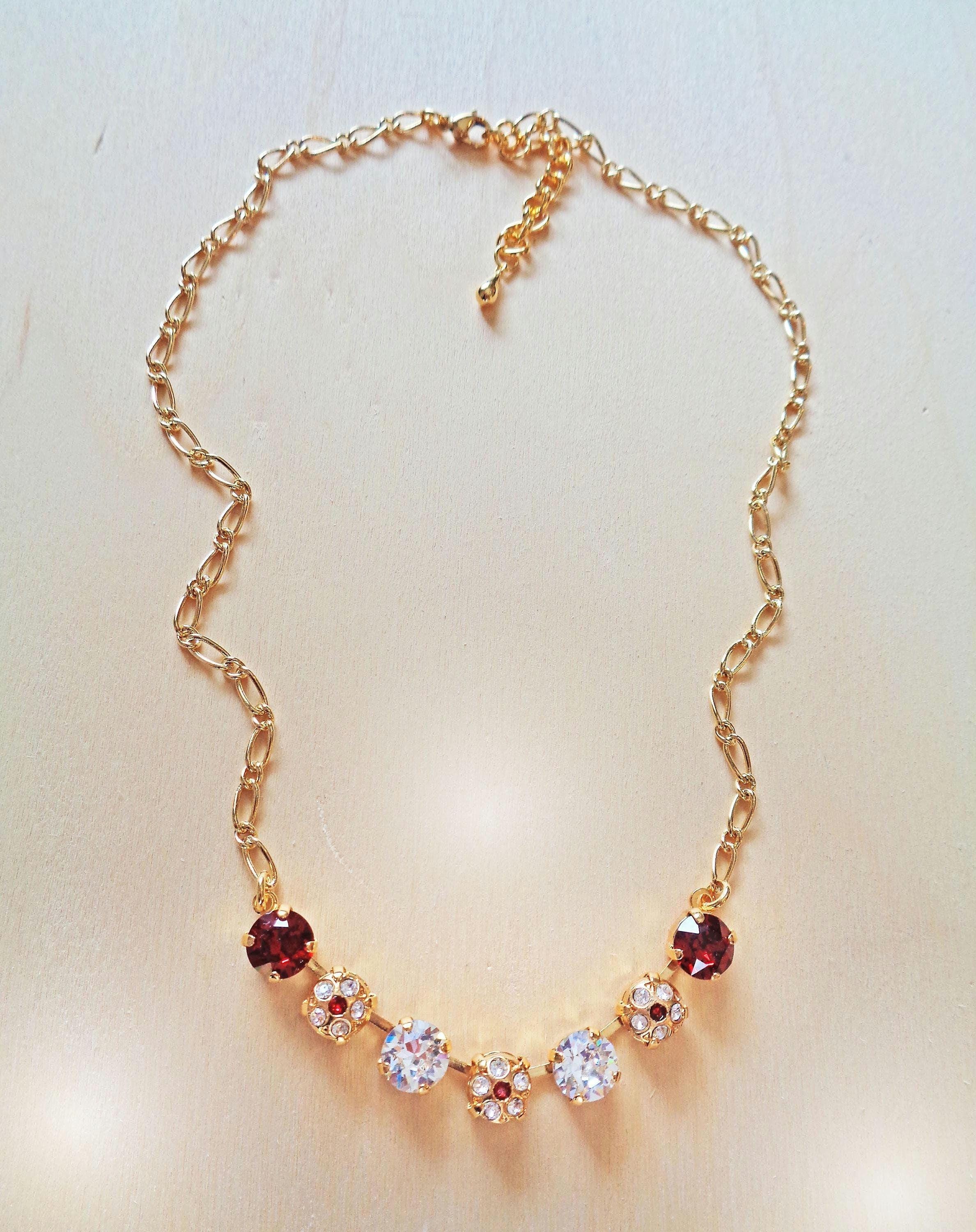 Crystal chain necklace clear crystal,red,yellow gold