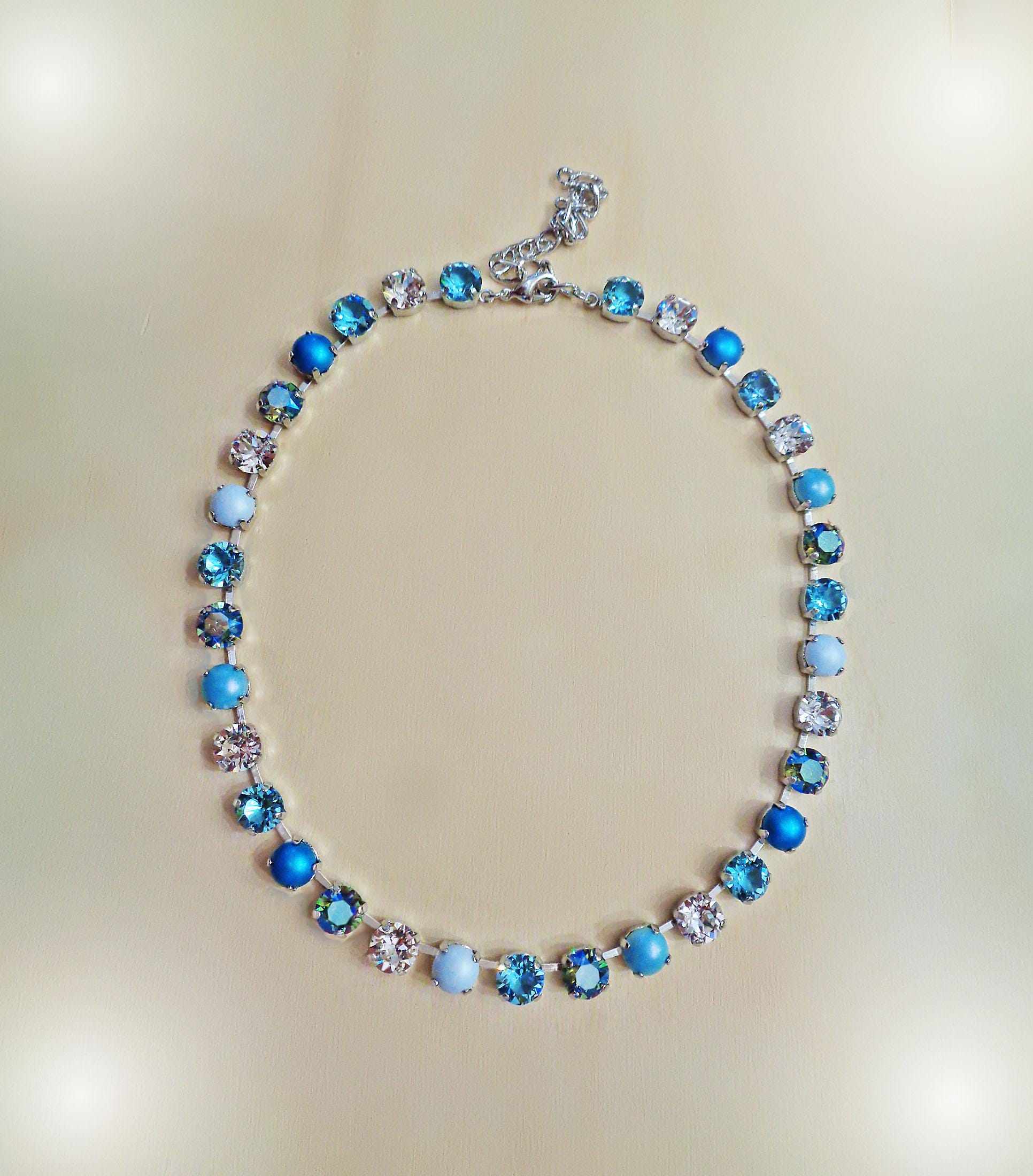 MAJESTIC THIRA Austrian crystal  tennis  necklace,light turquoise,pastel blue,clear crystal