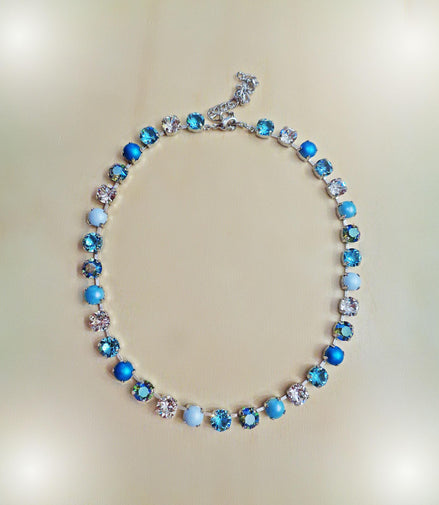 MAJESTIC THIRA Austrian crystal  tennis  necklace,light turquoise,pastel blue,clear crystal