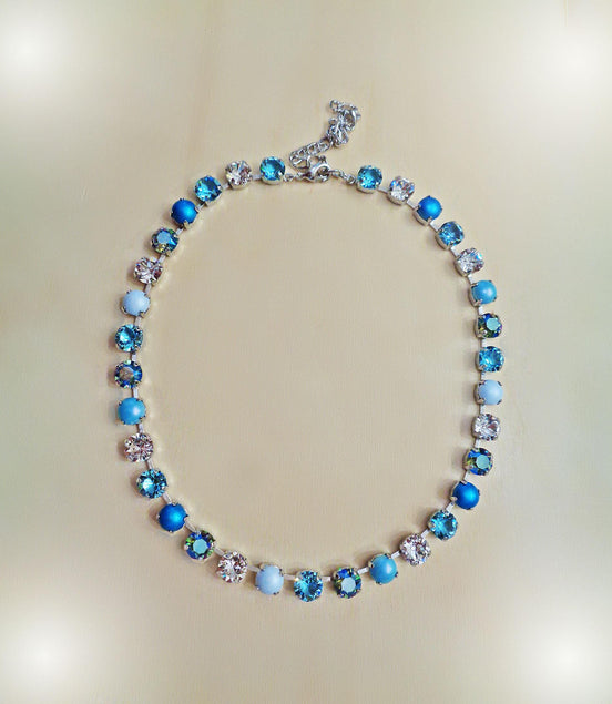 MAJESTIC THIRA Austrian crystal  tennis  necklace,light turquoise,pastel blue,clear crystal
