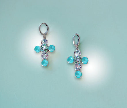 Crystal drop  cross earrings mint green,clear crystal,silver plated