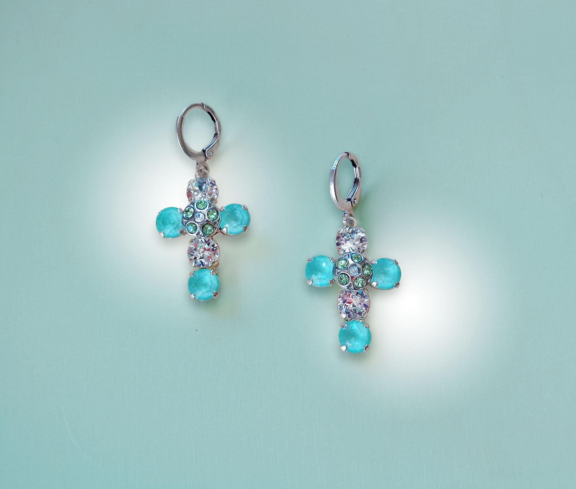 Crystal drop  cross earrings mint green,clear crystal,silver plated