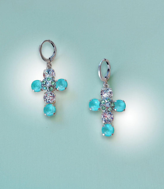 Crystal drop  cross earrings mint green,clear crystal,silver plated