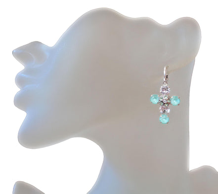 Crystal drop  cross earrings mint green,clear crystal,silver plated