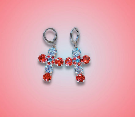 Crystal drop cross earrings bright red,blue,silver plated