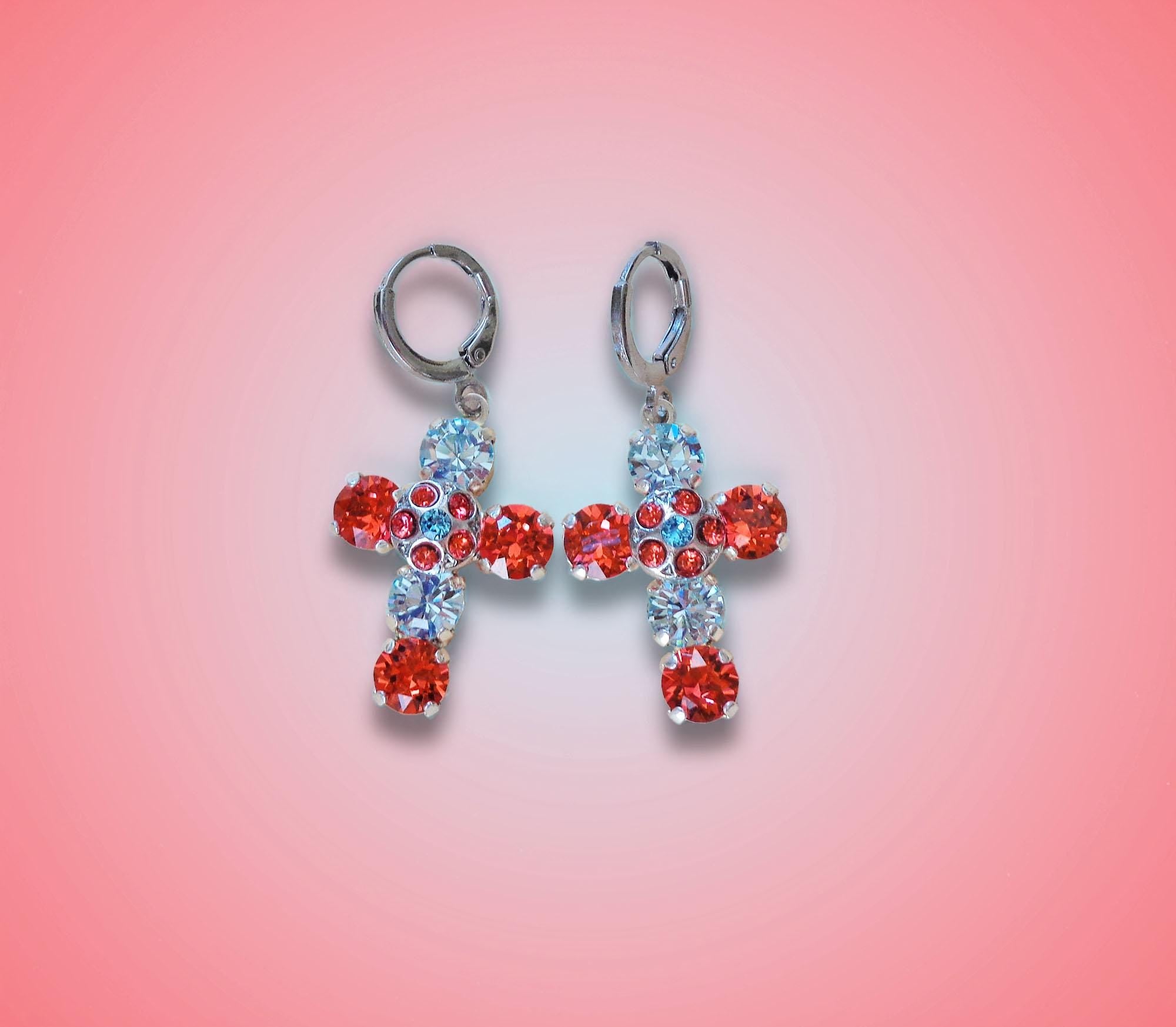 Crystal drop cross earrings bright red,blue,silver plated