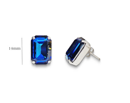 Crystal rectangular stud  earrings bermuda blue, rhodium silver