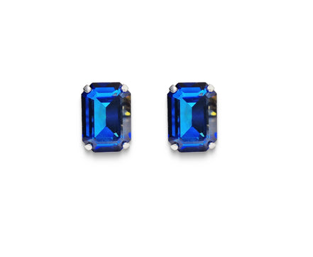 Crystal rectangular stud  earrings bermuda blue, rhodium silver