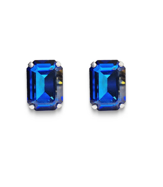 Crystal rectangular stud  earrings bermuda blue, rhodium silver
