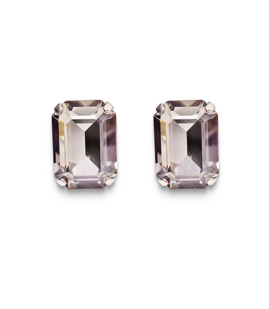 Crystal rectangular  stud  earrings  black diamond, rhodium silver plated