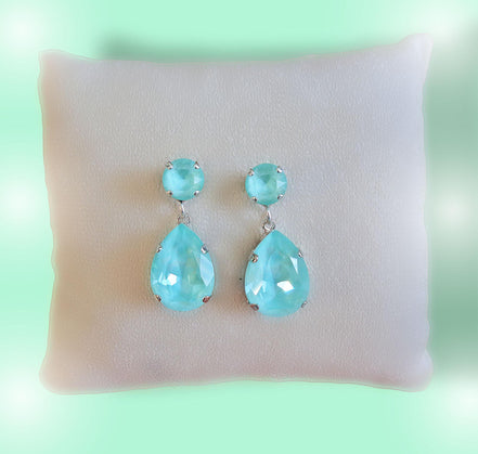 Crystal pear drop earrings,soft mint,silver plated